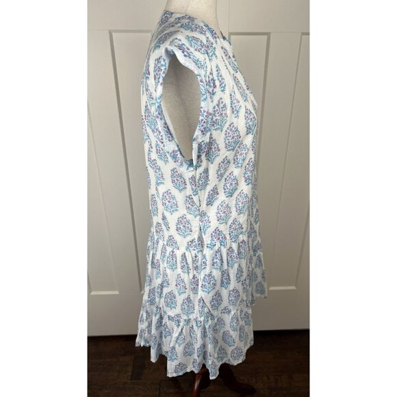 Oliphant Tuckernuck Gauze Cotton Block Print Dress L Blue Pink Tiered Above Knee - Picture 6 of 9